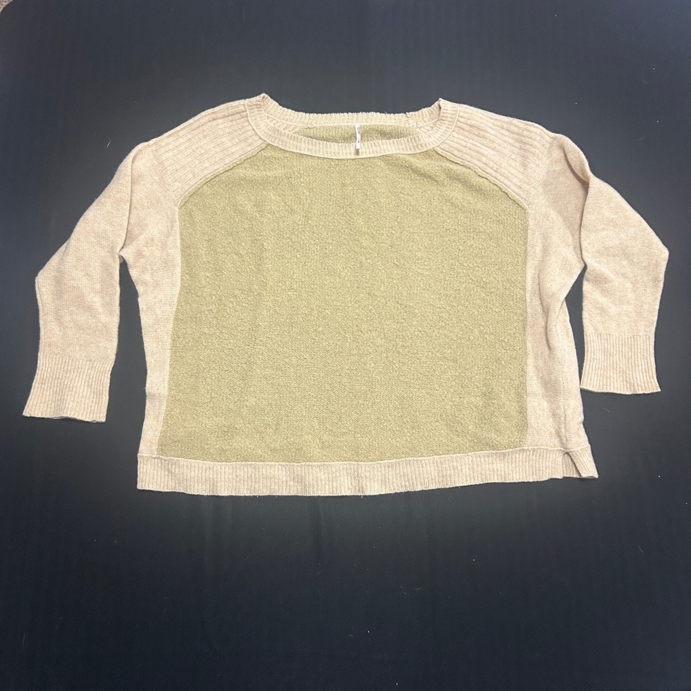 Free People Womens Small Tan Olive Green Colorblock Wool Blend Knit Sweater